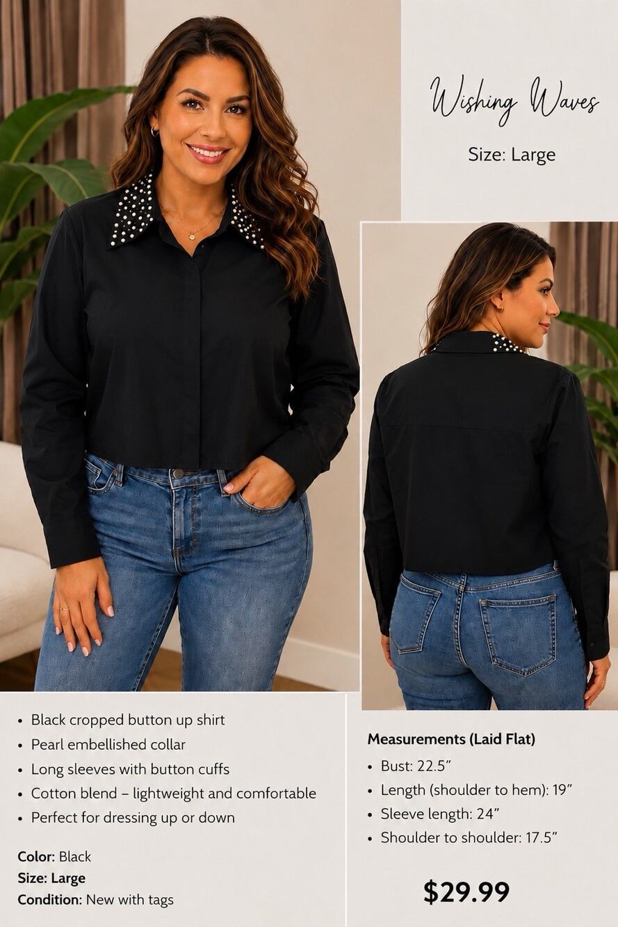 🆕Wishing Waves Black Cropped Button Up Blouse Pearl Embellished Collar LG Chic